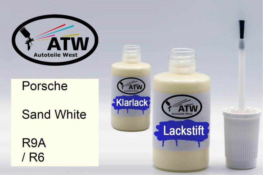 Porsche, Sand White, R9A / R6: 20ml Lackstift + 20ml Klarlack - Set, von ATW Autoteile West.
